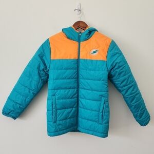 NFL Miami Dolphins Youth Puffer Jacket Hooded Teal & Orange Full Zip Size 10 /12